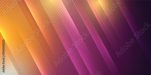 Orange and purple abstract background in vector illustration with glow and light effects, with parallel lines, bright geometric shape, design futuristic and elegant.