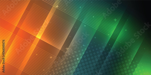 Orange and green abstract background in vector illustration with glow and light effects, with parallel lines, bright geometric shape, design futuristic and elegant.