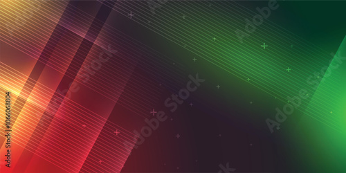 Red and green abstract background in vector illustration with glow and light effects, with parallel lines, bright geometric shape, design futuristic and elegant.