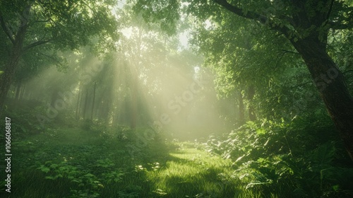 Dense forest landscape with lush greenery, thick tree canopy, and sunlight filtering through.