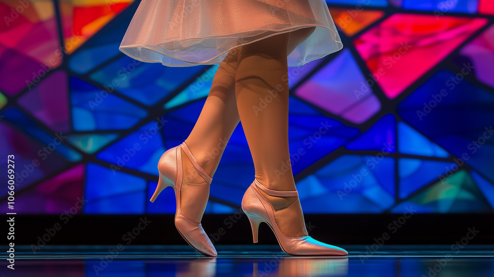 close up shot of a ballerina's feet in a pointe pose, wearing delicate pink shoes against a background blue
