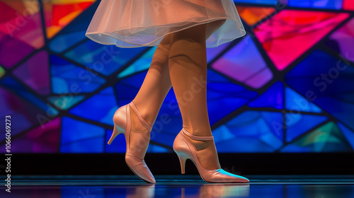 Obraz na płótnie close up shot of a ballerina's feet in a pointe pose, wearing delicate pink shoes against a background blue w salonie