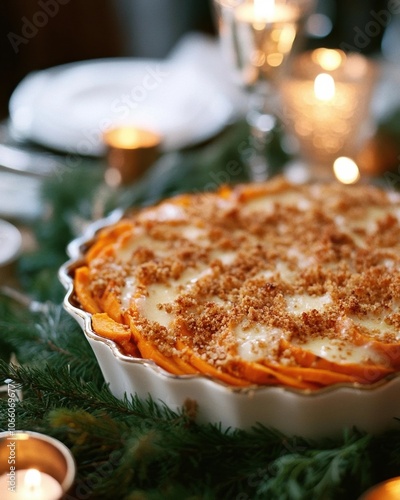 Decadent Sweet Potato Gratin with Layers of Gruyere in Handthrown Dish photo