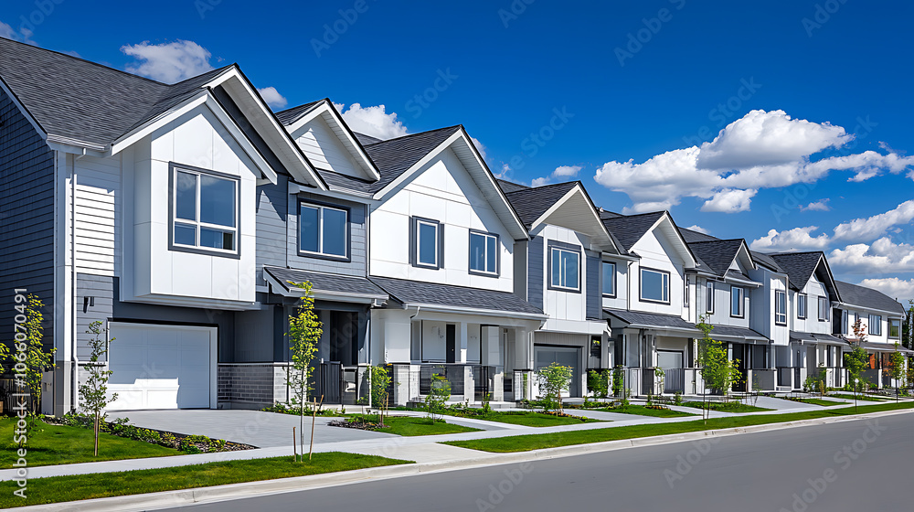 A row of modern townhouses with white walls and gray roofs against the blue sky on a sunny day Generative AI A row of modern townhouses with white walls and gray roofs against the blue sky on a sunny day Generative AI