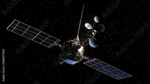 A satellite orbiting earth, symbolizing global communication and data transmission