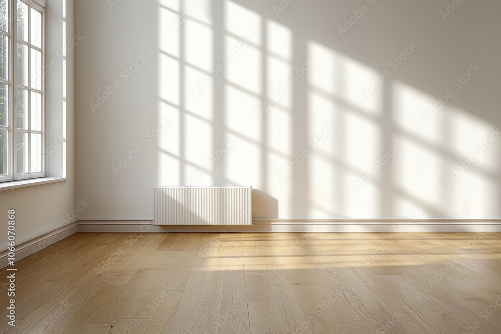 A large room with a white wall and wooden floors A large room with a white wall and wooden floors