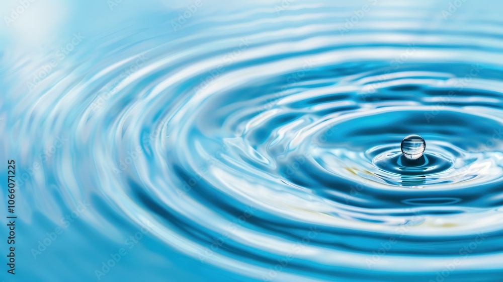 A closeup view of a water droplet initiating serene ripples against a calm blue backdrop, embodying peace and clarity. A closeup view of a water droplet initiating serene ripples against a calm blue backdrop, embodying peace and clarity.