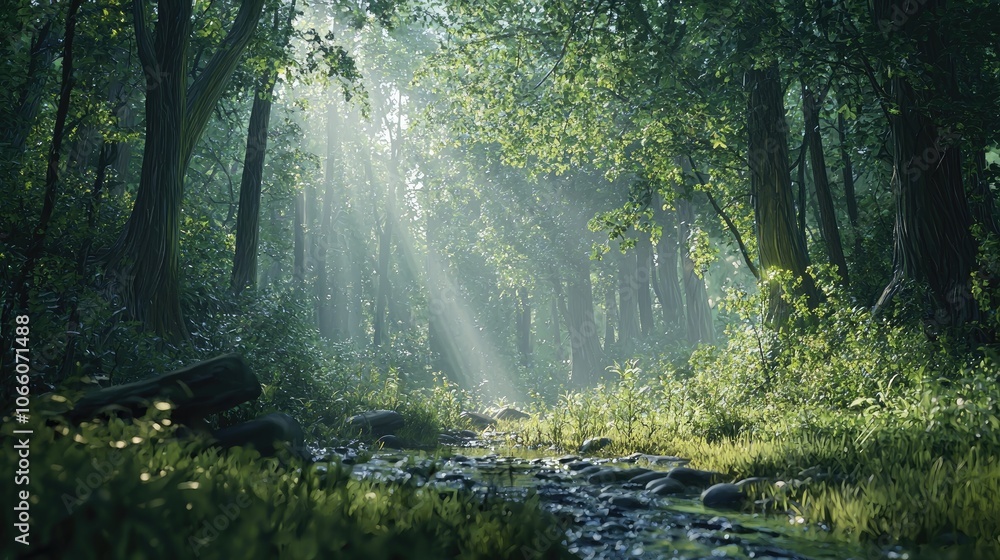 Obraz premium Sunbeams illuminating a tranquil forest stream