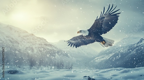 Wallpaper Mural A bald eagle soars through a snowy mountain range with the sun shining behind it. Torontodigital.ca