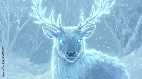 A White Deer With Glowing Antlers and Eyes in a Snowy Forest photo