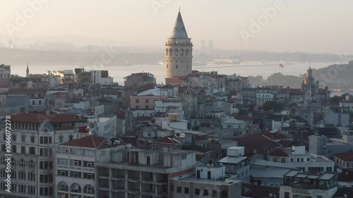 Istanbul Skyline Drone Footage Featuring Iconic Galata Tower, Bosphorus Views, and Historic Architecture in a Stunning Aerial Cityscape
