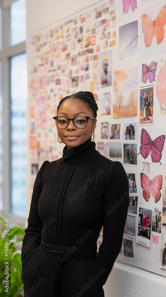 african american woman with glasses intellectual artist in a creative studio with design and branding elements, along with pink butterflies