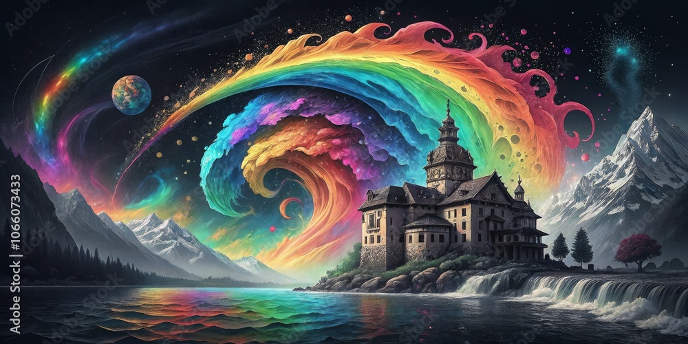 Dreamlike Fantasy Landscape with a Castle and a Rainbow Sky Dreamlike Fantasy Landscape with a Castle and a Rainbow Sky