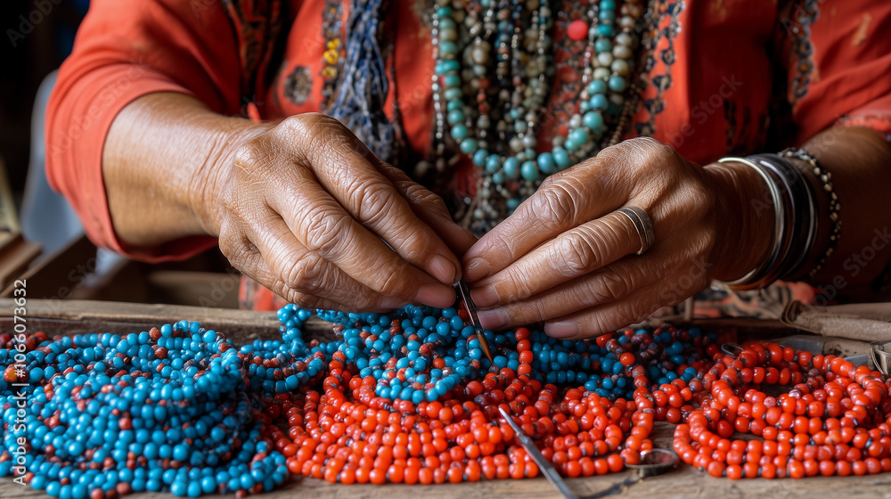 hands of an elderly latina artisan from central america, working with crafts and wearing a red necklace