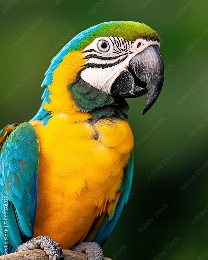 Fototapeta premium A colorful parrot with vibrant feathers perched on a tropical branch in the jungle.