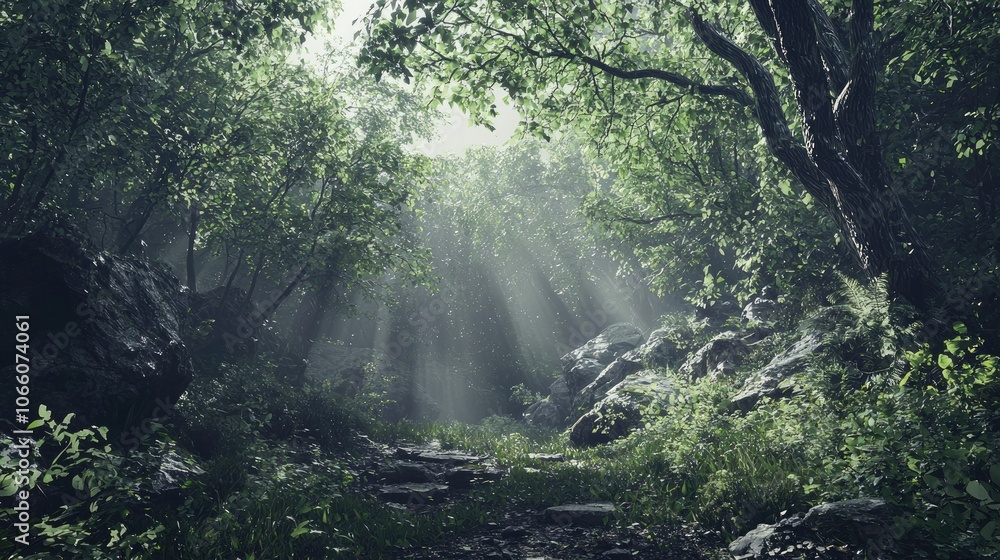 Fototapeta premium Sunbeams Filtering Through Lush Foliage in a Misty Forest