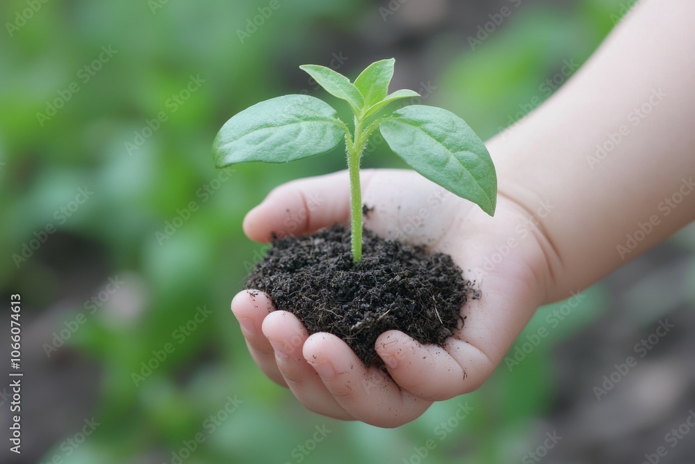 A small hand holding a plant in dirt A small hand holding a plant in dirt