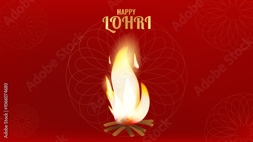 Happy Lohri Indian holiday festival bright bonfires symbolizing the harvest season. Design invitation card banner poster. Vector illustration.