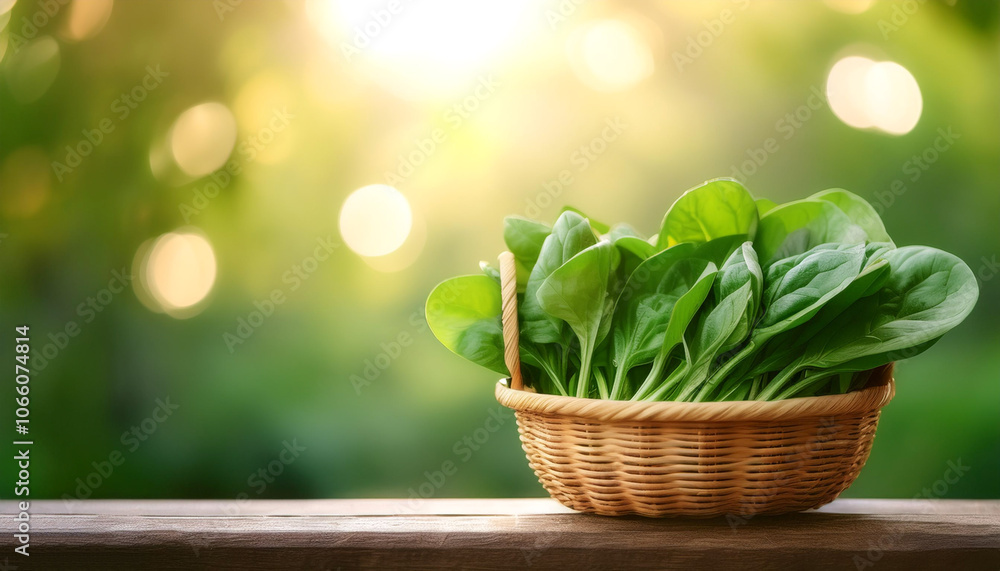 Spinach Vegetables in Bamboo basket with blur green bokeh background Spinach Vegetables in Bamboo basket with blur green bokeh background