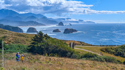 Coastal scenic views from Ecola State Park overlook of Cannon Beach, Haystack Rock, sea stacks and the Pacific Ocean