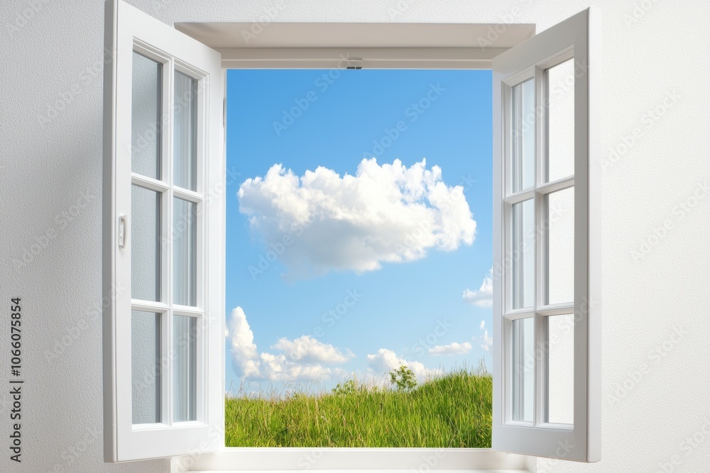 A window with a clear blue sky and a cloud in it A window with a clear blue sky and a cloud in it