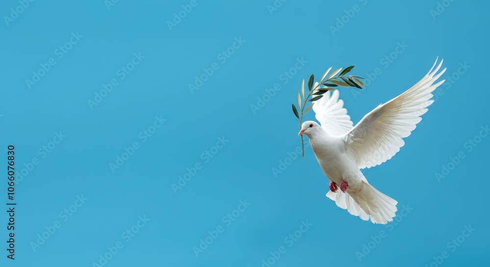 White dove with olive branch against clear blue sky White dove with olive branch against clear blue sky