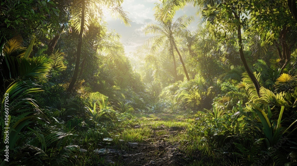 Obraz premium Sunlit Path Through Lush Tropical Jungle