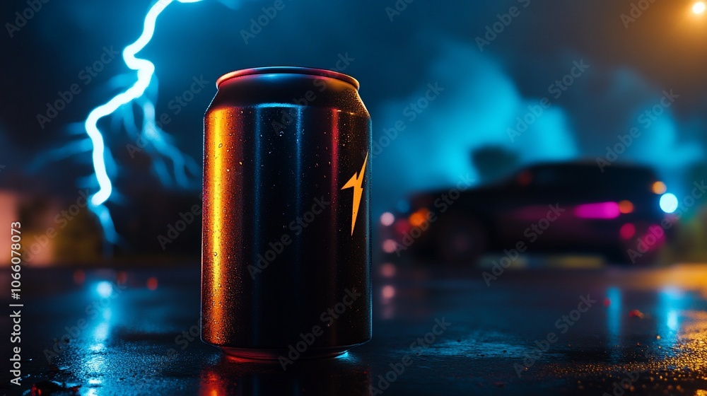 A silver can with a lightning bolt logo sits on a wet street at night with a car and lightning strike in the background. A silver can with a lightning bolt logo sits on a wet street at night with a car and lightning strike in the background.