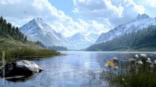 Serene Mountain Lake with Snow-capped Peaks and a Single Bird in Flight
