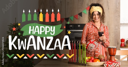 Banner for Happy Kwanzaa with young African-American woman in kitchen photo