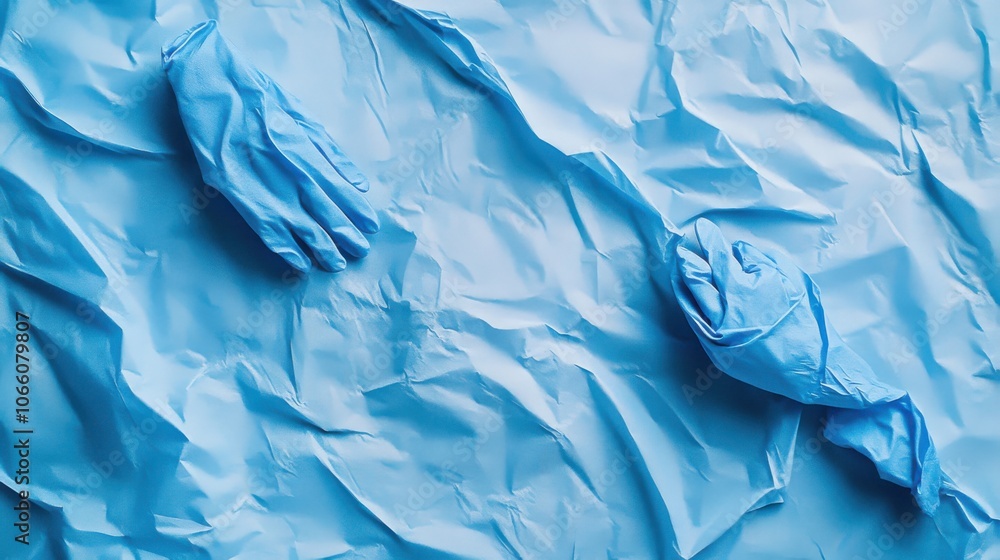 Fototapeta premium A pair of gloved hands is positioned on a clean, textured surface, indicating readiness for a medical task. The blue gloves symbolize hygiene and care, essential in healthcare settings.