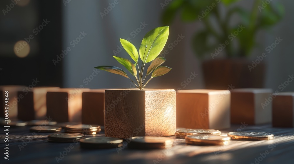 Green Ethics: Eco-Friendly Wooden Blocks with Potted Plant and Coins Illuminated in Soft Light Green Ethics: Eco-Friendly Wooden Blocks with Potted Plant and Coins Illuminated in Soft Light