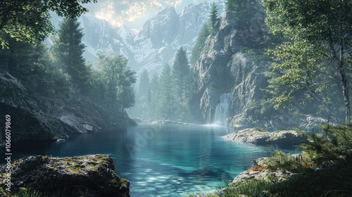 Tranquil Mountain Lake with Waterfall and Lush Greenery
