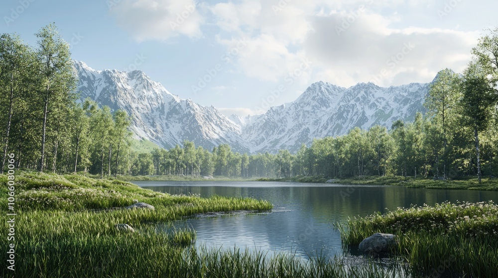 Tranquil Lake nestled in the foothills of snow-capped mountains Tranquil Lake nestled in the foothills of snow-capped mountains