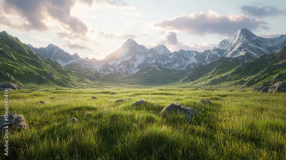 Fototapeta premium A Lush Meadow Framed by Majestic Snowy Mountains Under a Cloudy Sky