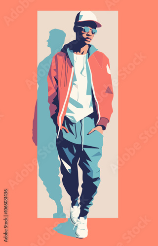 Black dude with glasses, man, indie style illustration, trendy and stylish, african american boy, college kid, pink color scheme