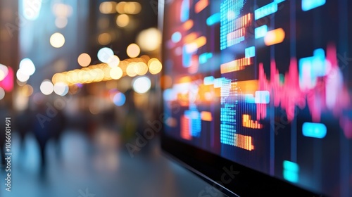 A close-up of a computer screen displaying financial data with blurred city lights in the background.