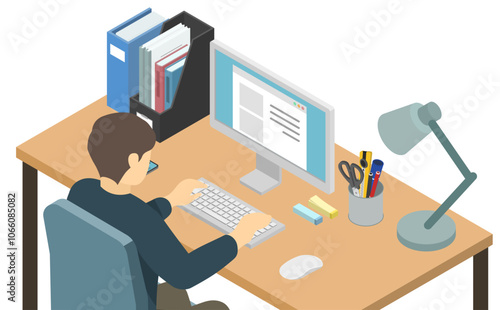 アイソメトリックイラスト：パソコン作業する男性