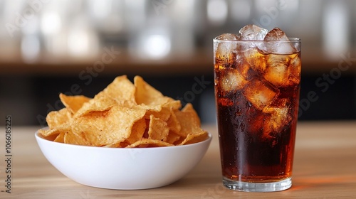 A bowl of crispy tortilla chips and a glass of iced cola on a wooden table. photo