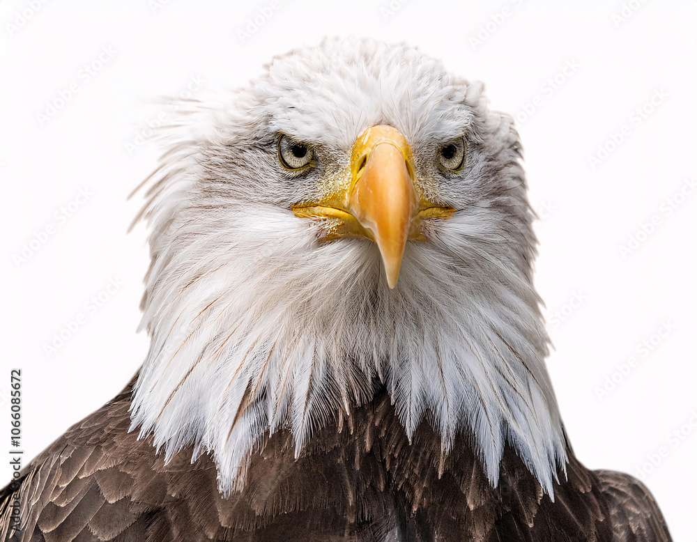 Obraz premium A close-up portrait of a majestic bald eagle with intense eyes and a powerful beak against a white background