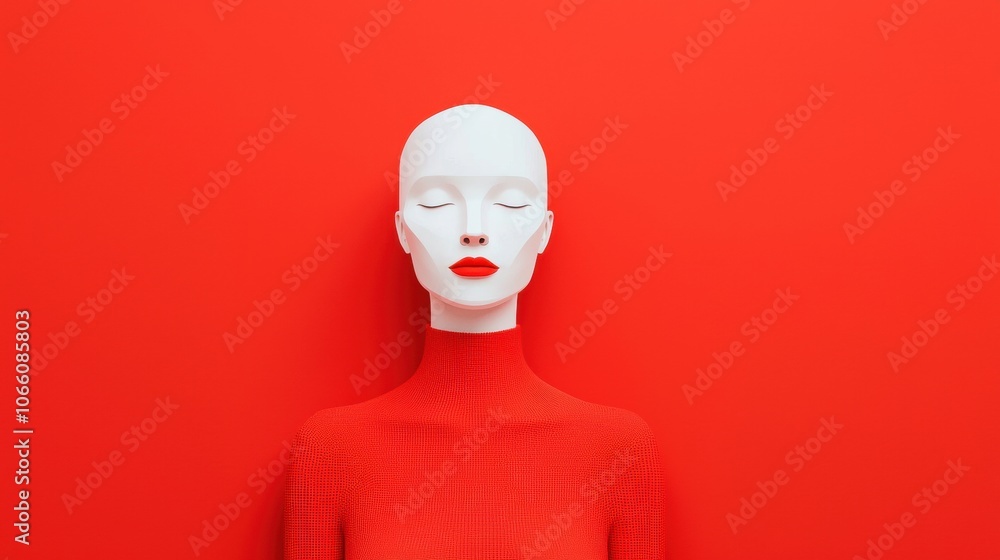 A striking mannequin with a smooth white face and red lips, dressed in a textured red top A striking mannequin with a smooth white face and red lips, dressed in a textured red top