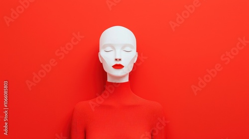 A striking mannequin with a smooth white face and red lips, dressed in a textured red top