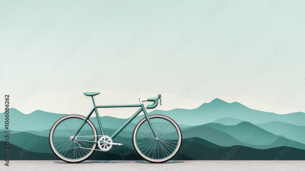 Fototapeta premium A sleek, mint-green bicycle stands against a serene background of soft