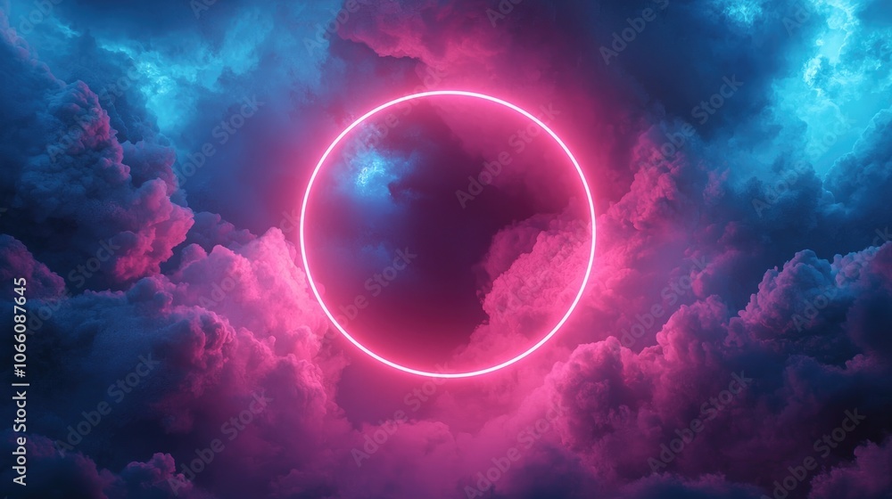 Pink Neon Circle in a Blue and Pink Cloudy Sky Pink Neon Circle in a Blue and Pink Cloudy Sky