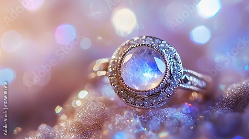 Moonstone Ring with Sparkling Bokeh Background - Elegant Jewelry Close-Up 