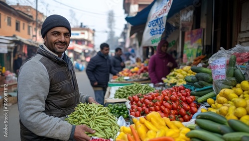 A smiling vendor stands at his stall, selling fresh produce in a bustling market.