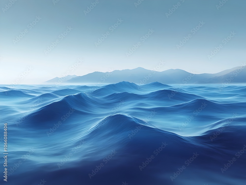 A serene view of gentle ocean waves creating a soothing blue palette, with distant mountains softly silhouetted against a clear sky, evoking a sense of tranquility and peace. A serene view of gentle ocean waves creating a soothing blue palette, with distant mountains softly silhouetted against a clear sky, evoking a sense of tranquility and peace.