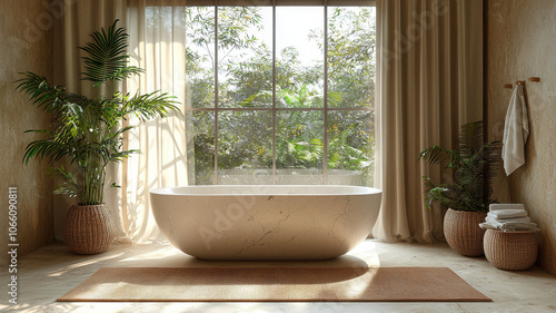 Luxurious bathroom with freestanding tub, plants, and natural light