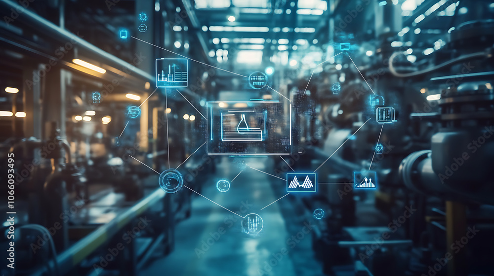 Fototapeta premium Energy-saving concepts and Industry 4,0, The energy icon and network are double exposed with the background of an oil refinery industry plant, industrial instruments in the factory