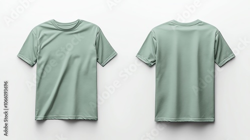 Green T-shirt mockup on white background, front and back view. photo